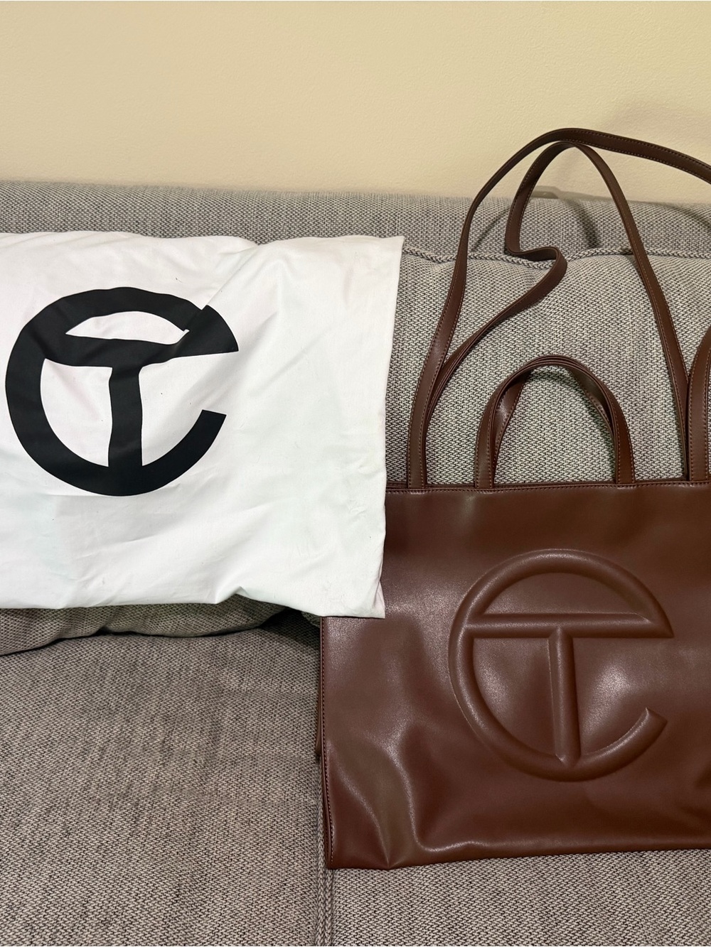 Telfar Large Brown Shopping Tote with Embossed Logo - Picture 2 of 6
